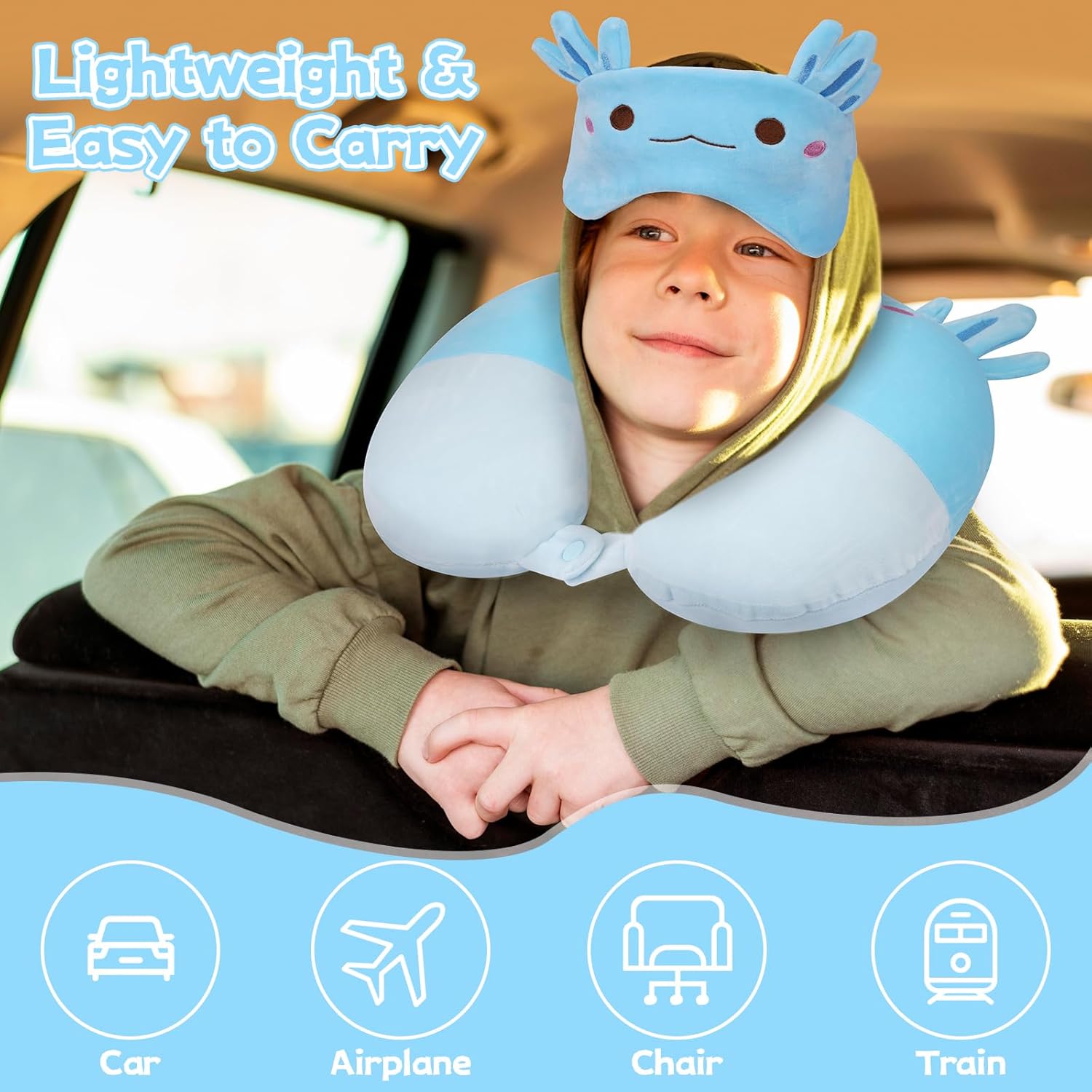 Axolotl Neck Pillow for Kids Teens Multi-functional Travel Pillow for Airplane Car Road Trip
