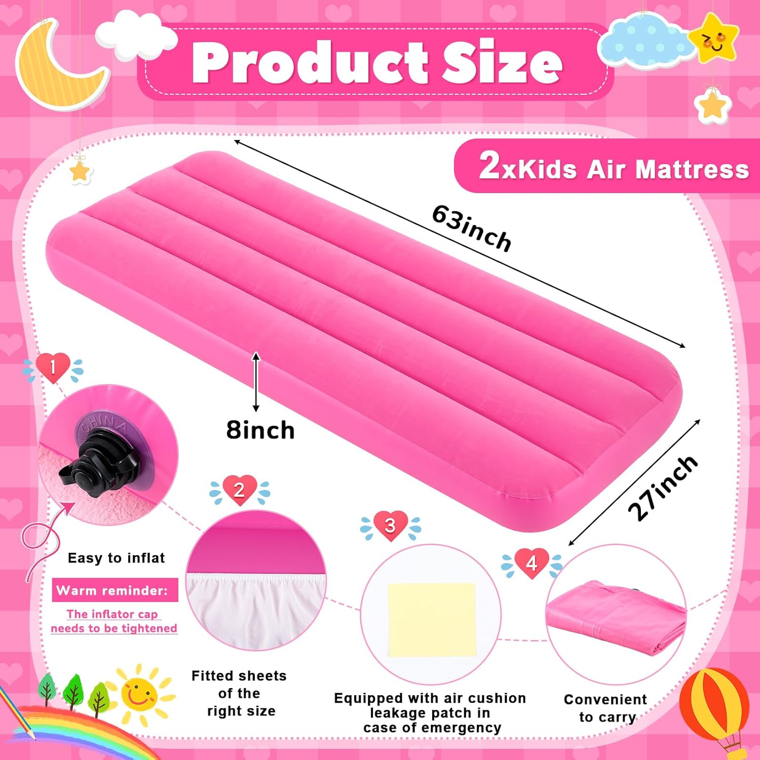 Windyun Kids Air Mattress - Pink for Kids 63x27x8 inches 2 Set for Camping