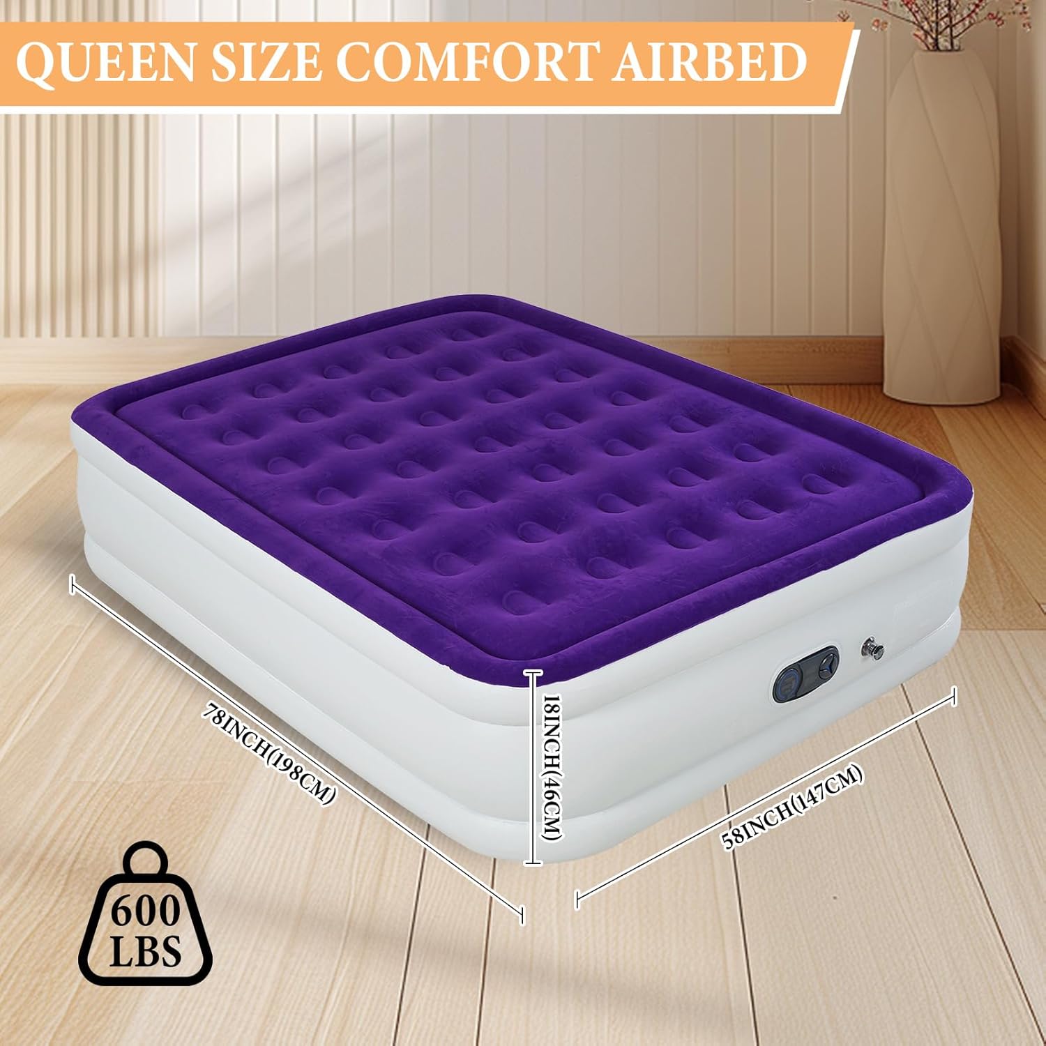 Queen Air Mattress with Built in Pump 18 Inch Velvet Top 3 Min Quick Inflation Waterproof 600 LB Capacity