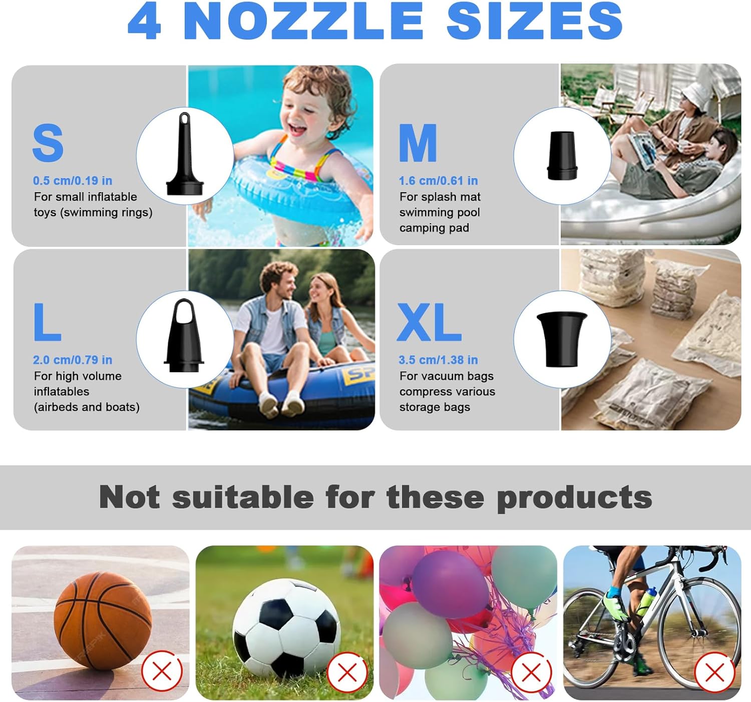 Quellindra Dual Use Portable Air Pump for Inflatables Camping Rechargeable Air Pump with 4 Nozzles LED Camping Light