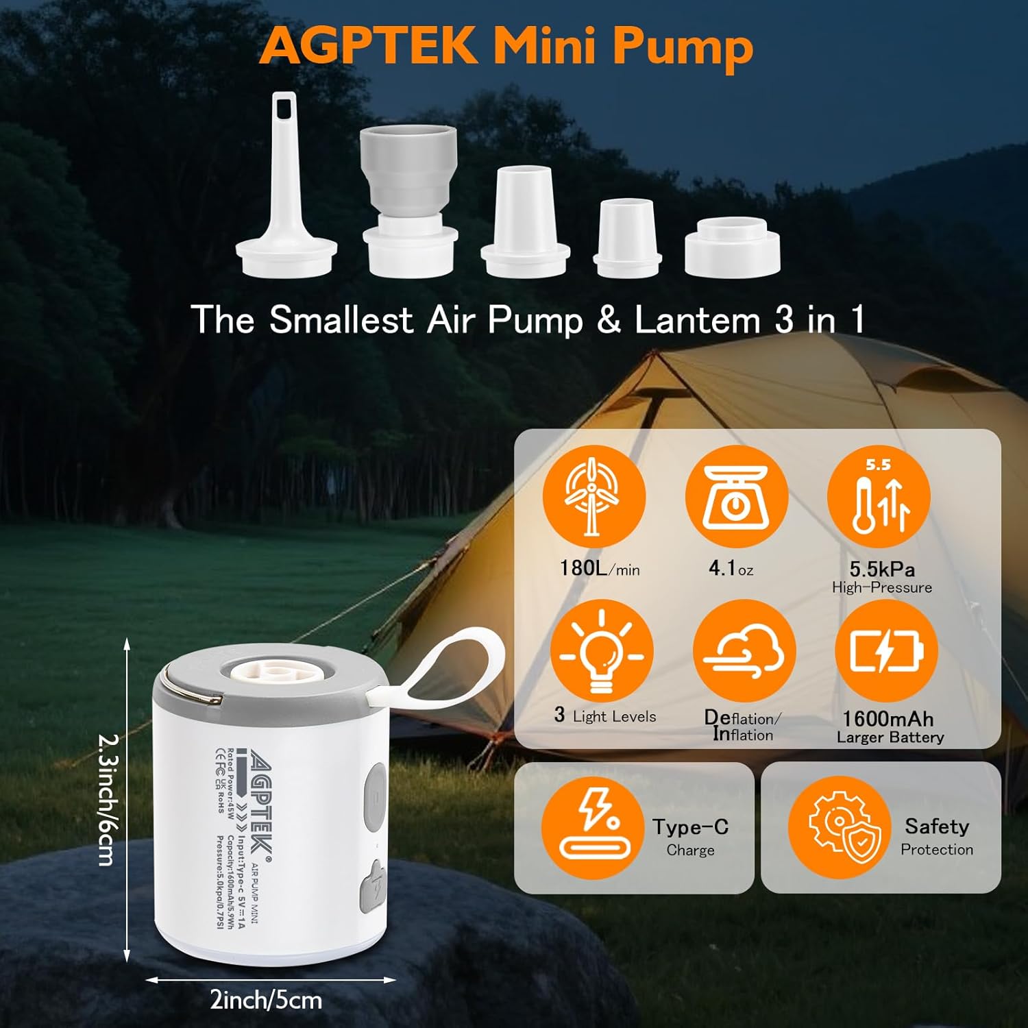 AGPTEK Mini Rechargeable Cordless Air Pump with LED Light for Camping Hiking and More