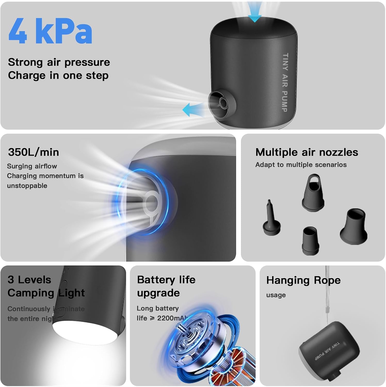 Quellindra Dual Use Portable Air Pump for Inflatables Camping Rechargeable Air Pump with 4 Nozzles LED Camping Light