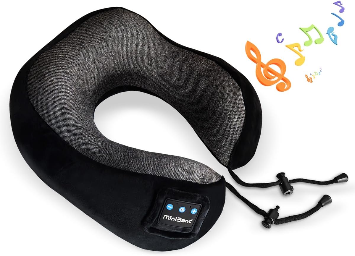 Contoured Memory Foam Neck Pillow with Bluetooth Headphones for Travel Comfort