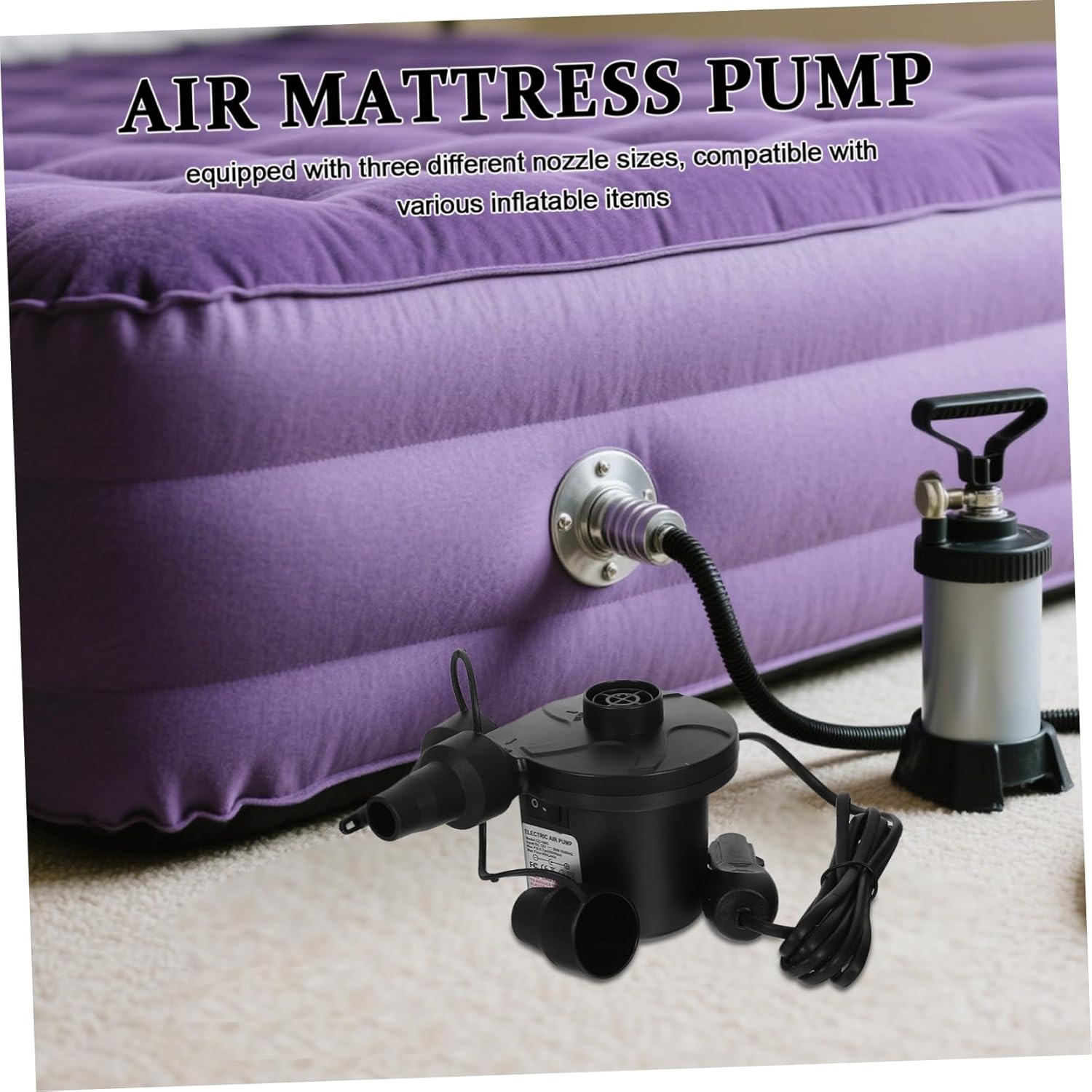 Zerodeko Compact Inflatable Mattress Inflator with Nozzles for Travel Pools Boats and Camping