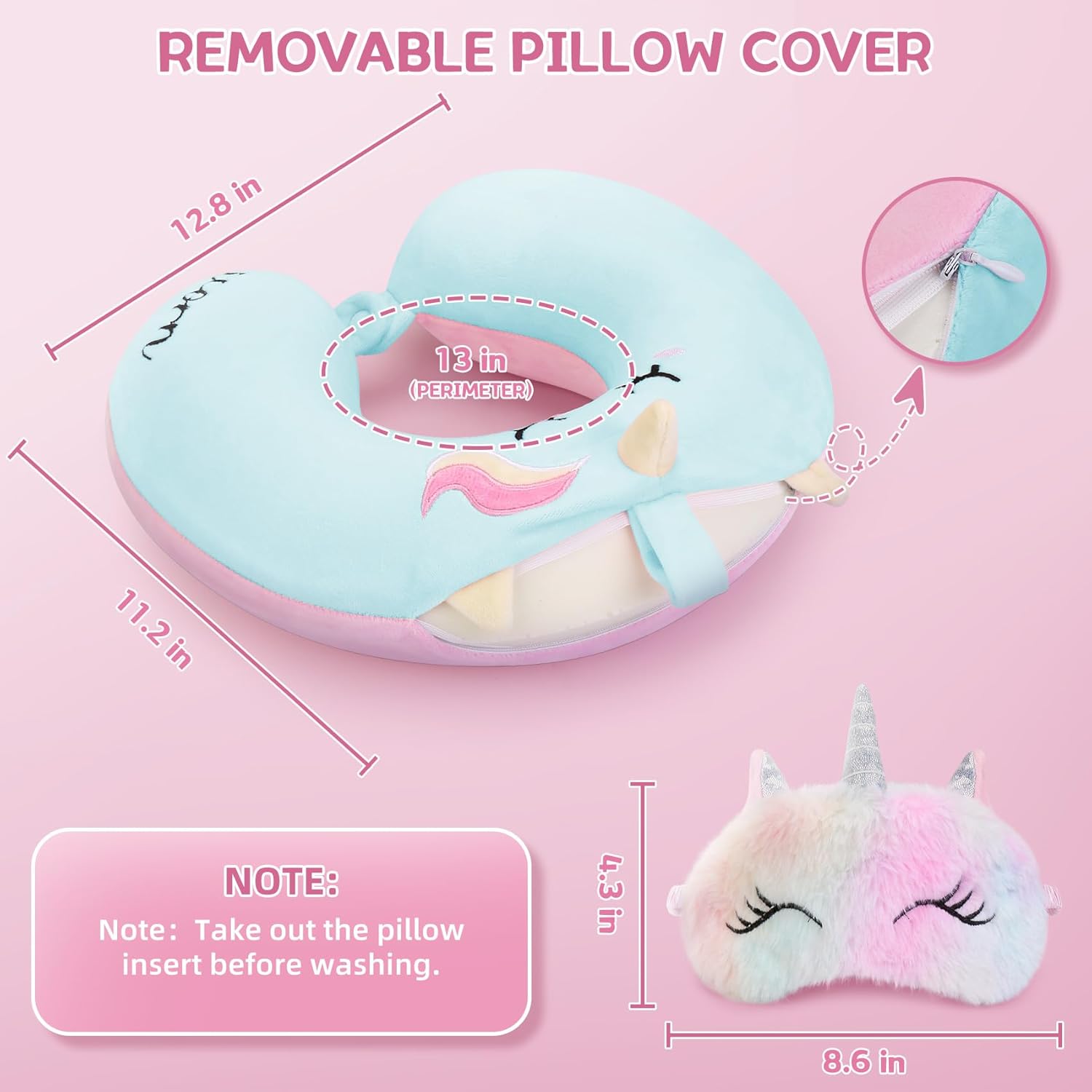 OBloved Memory Foam Toddler Neck Pillow with Unicorn Eye Mask for Travel