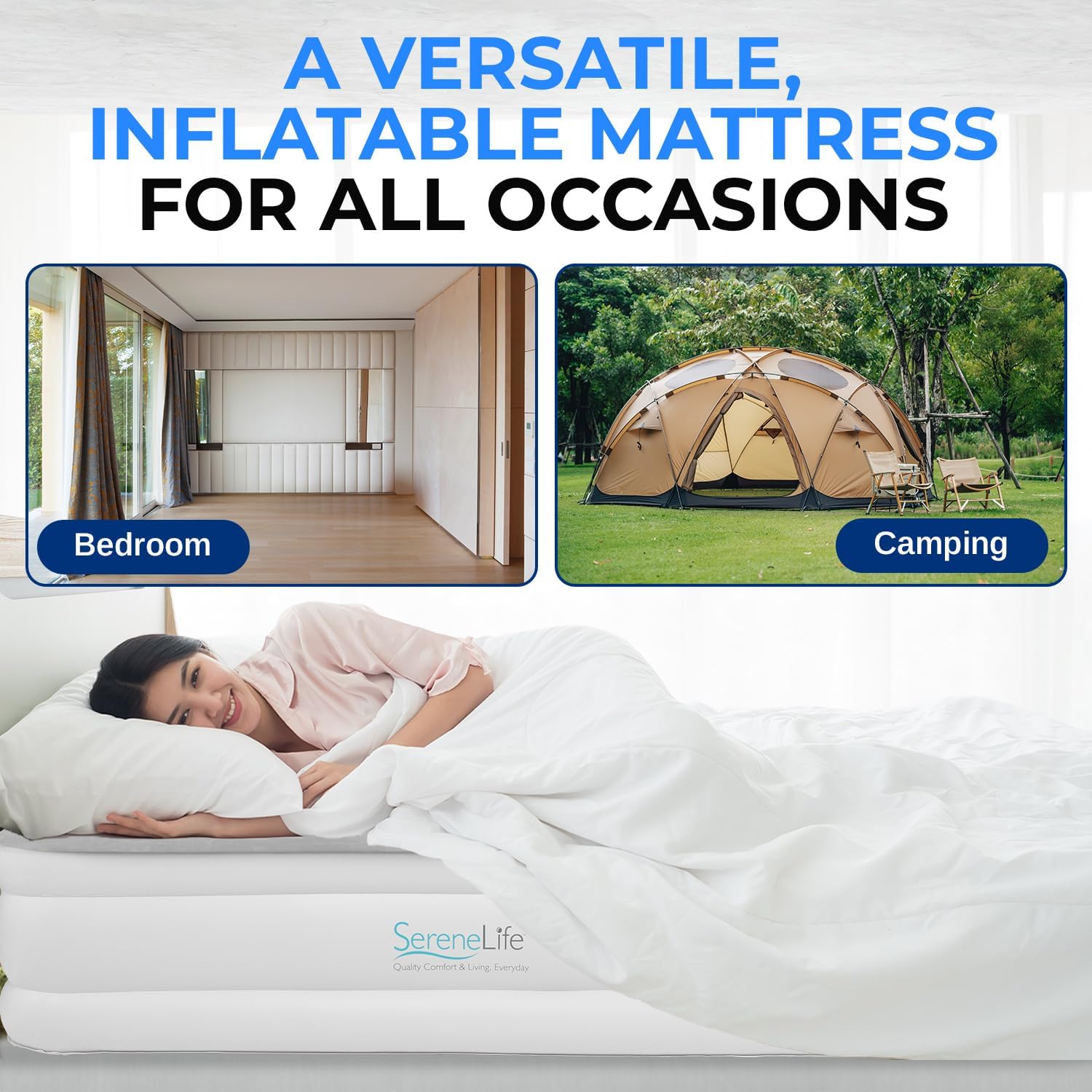 SereneLife Luxury Full Size Air MattressComfort Support for Home Camping and Travel