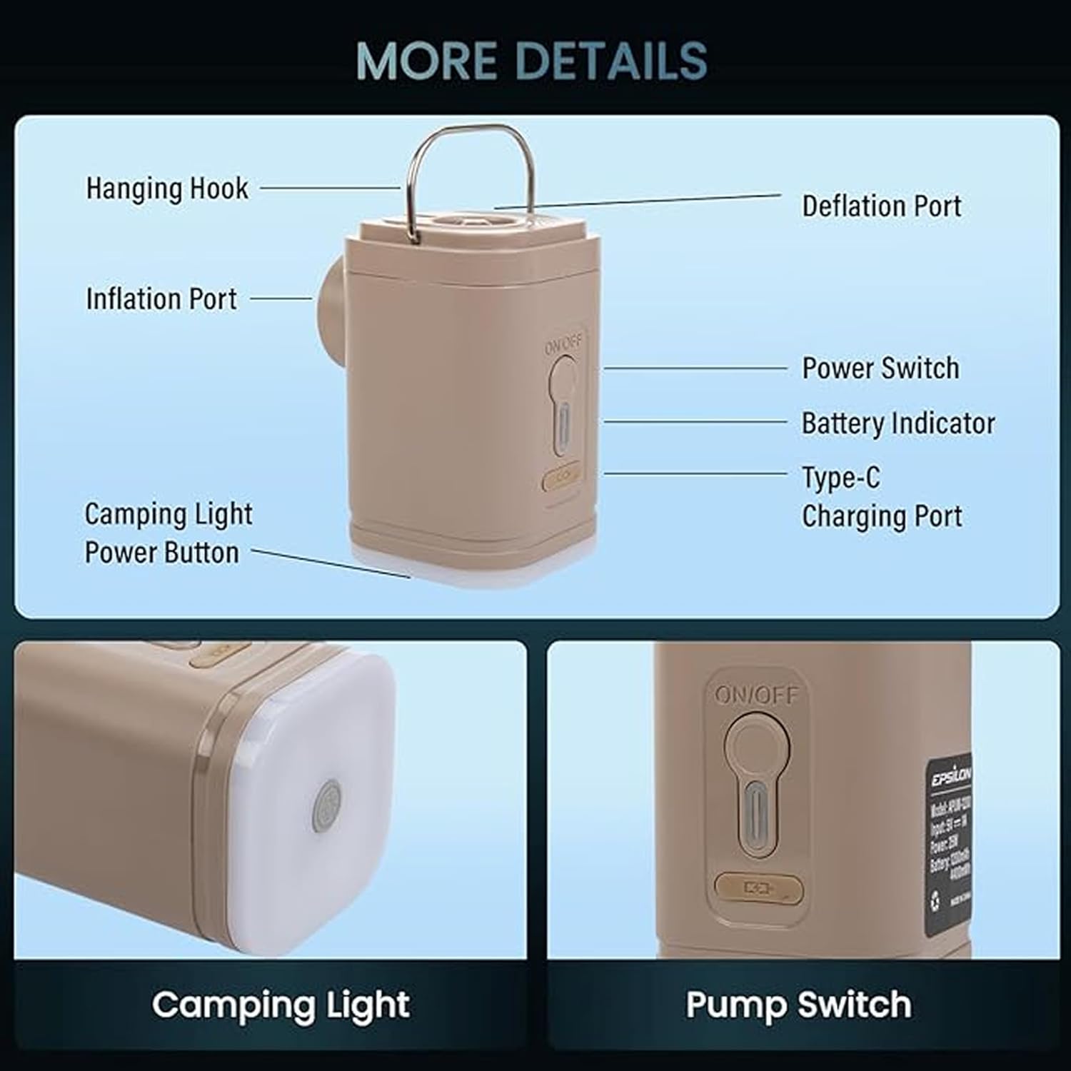 Epsilon Portable Air Pump 5 Nozzles Ultra-Fast Electric 1200mAh Air Pump with Light