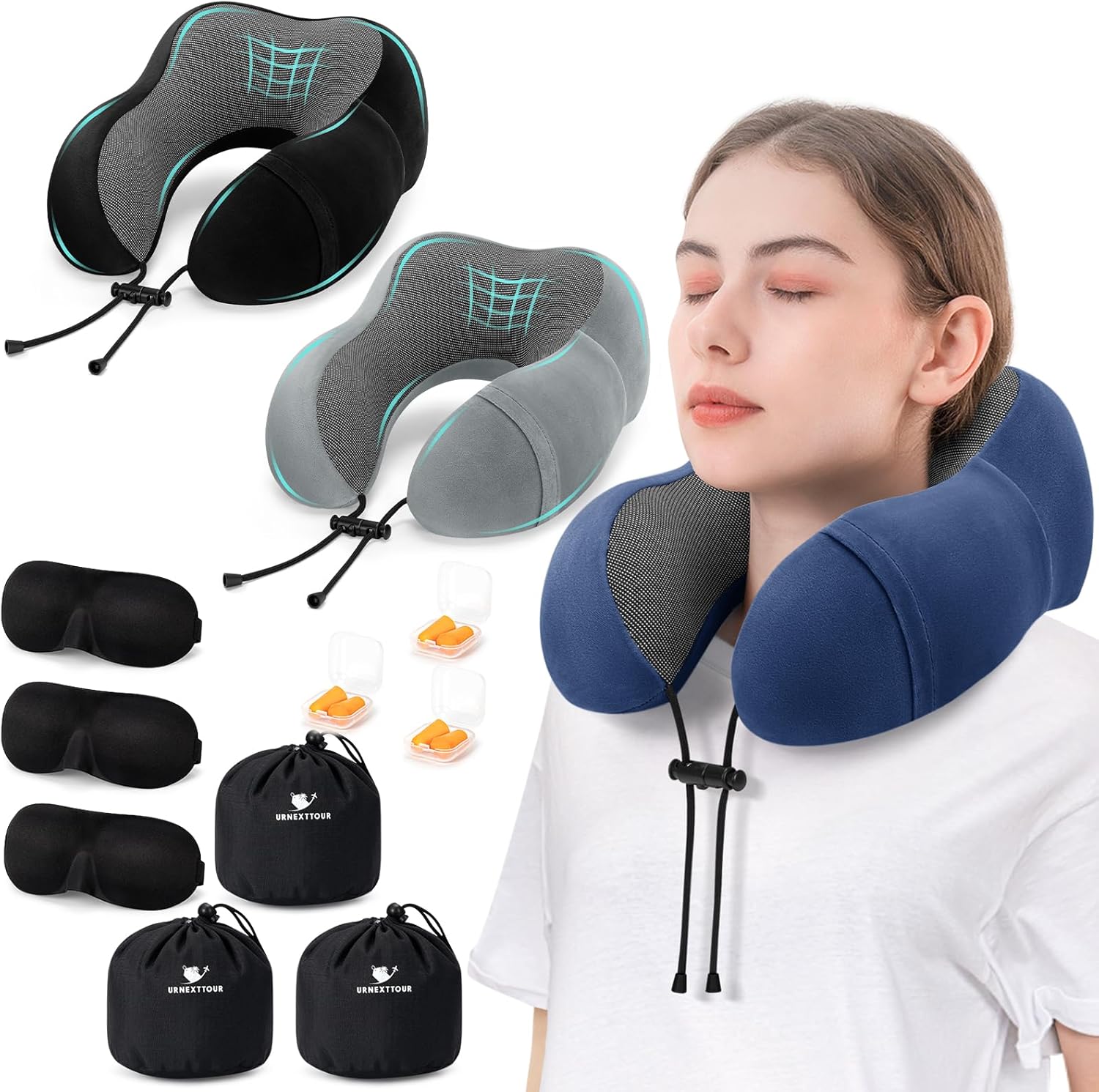 Airline Neck Pillow Set 3-Piece 360-Degree Memory Foam Pillow for Travel Car Plane Home Reduces Neck and Head Pressure