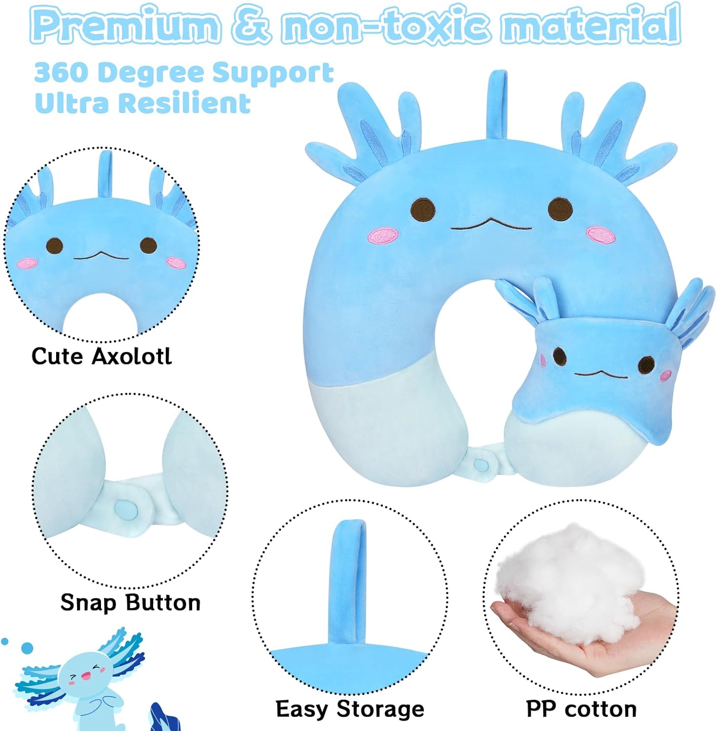 Axolotl Neck Pillow for Kids Teens Multi-functional Travel Pillow for Airplane Car Road Trip