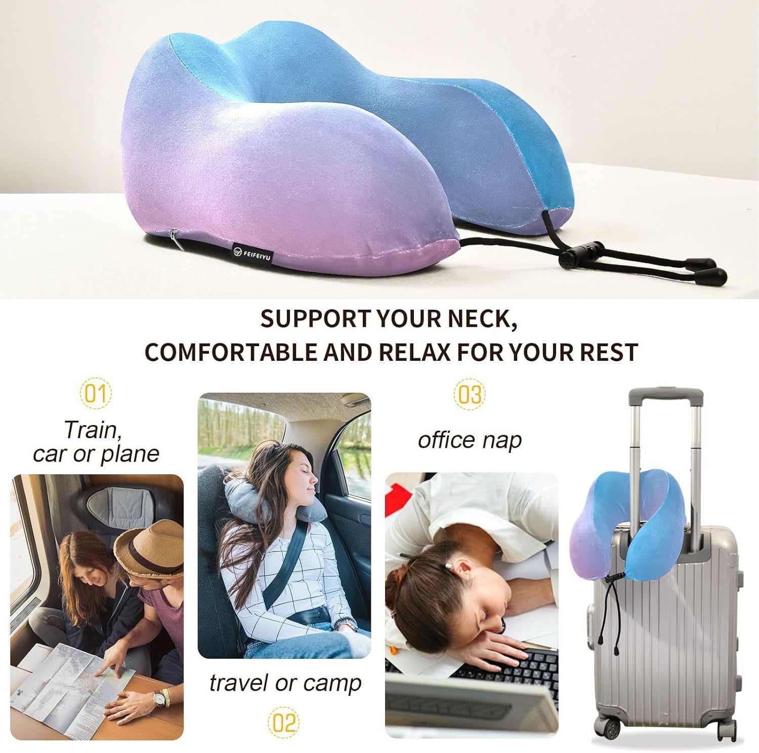 Memory Foam Travel Neck Pillow with Gradient Purple for Ergonomic Support