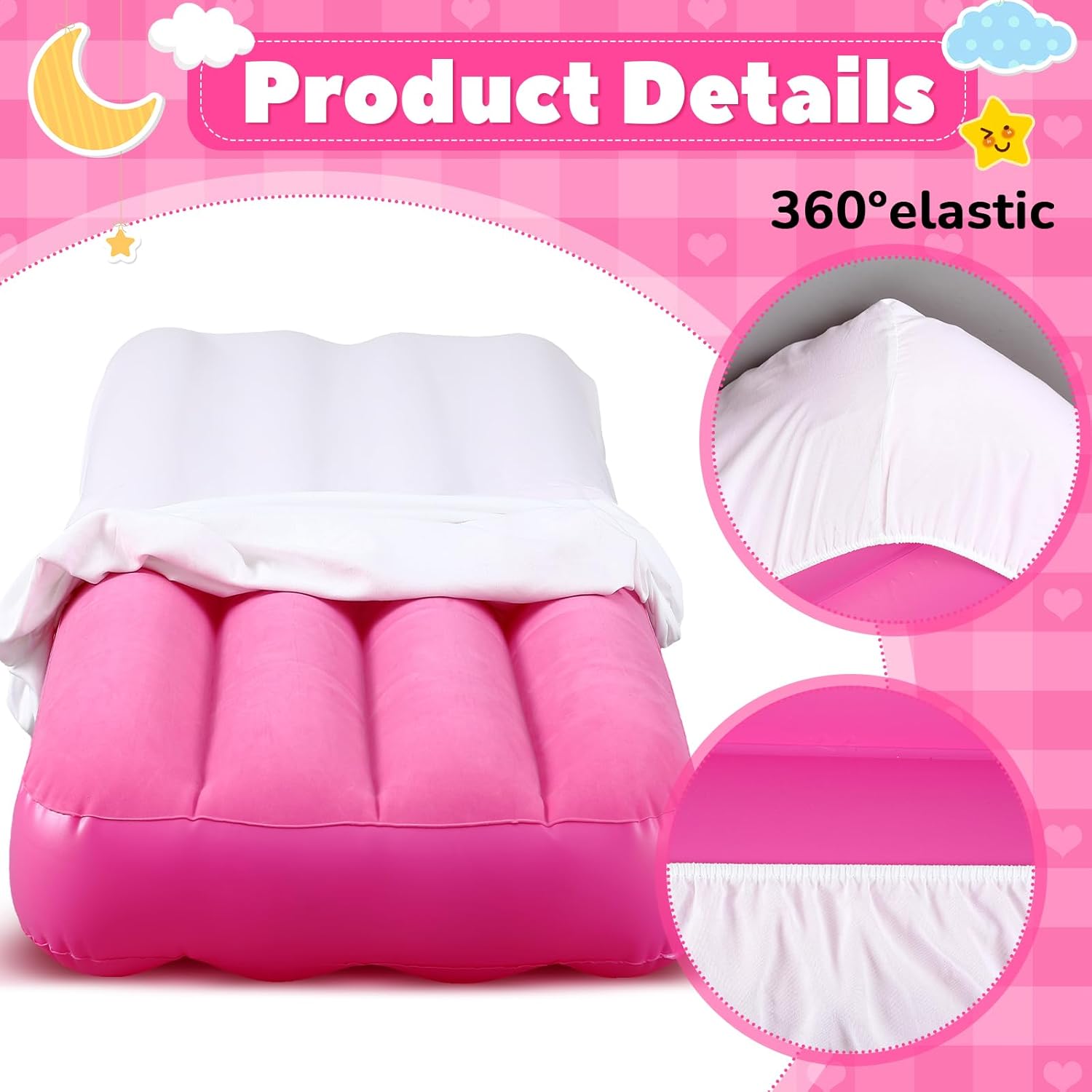 Windyun Kids Air Mattress - Pink for Kids 63x27x8 inches 2 Set for Camping