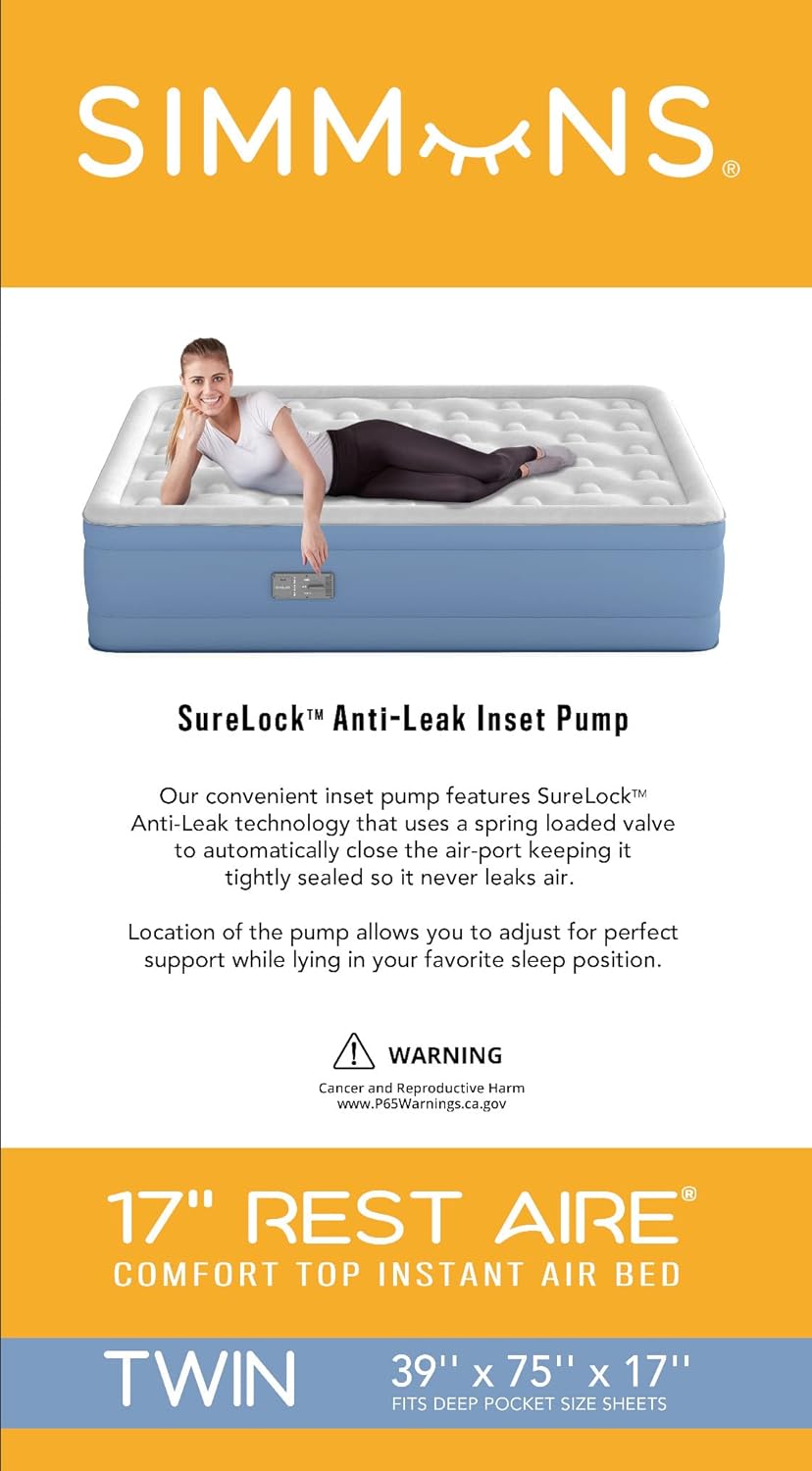 Simmons Rest Aire Mattress Twin 17 Soft Top Dura-Vinyl Air Mattress with Side Pump