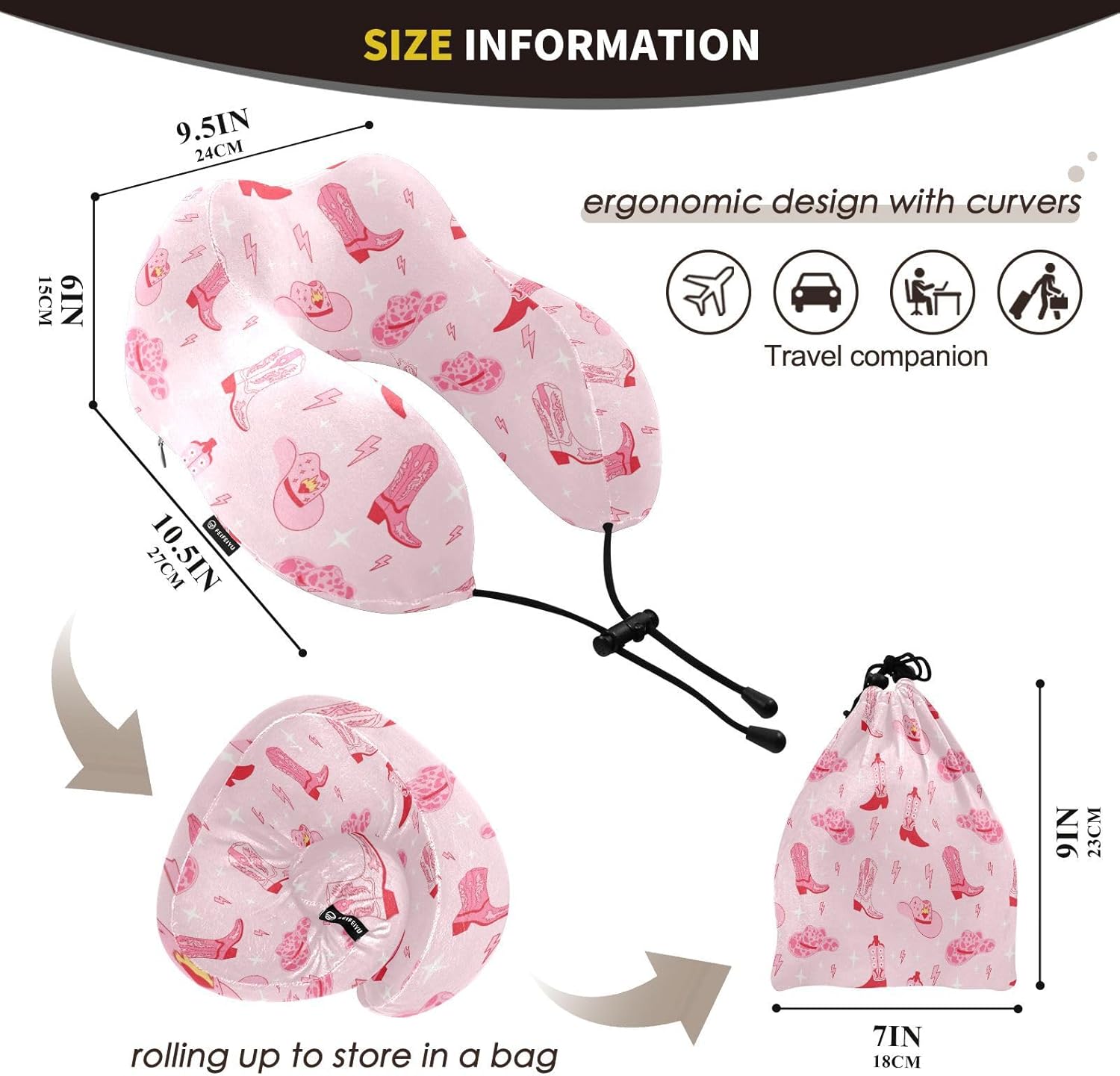 Gredecor Travel Pillow Retro Cowgirl Boots Memory Foam Adjustable Neck Pillow for Flight Car Office