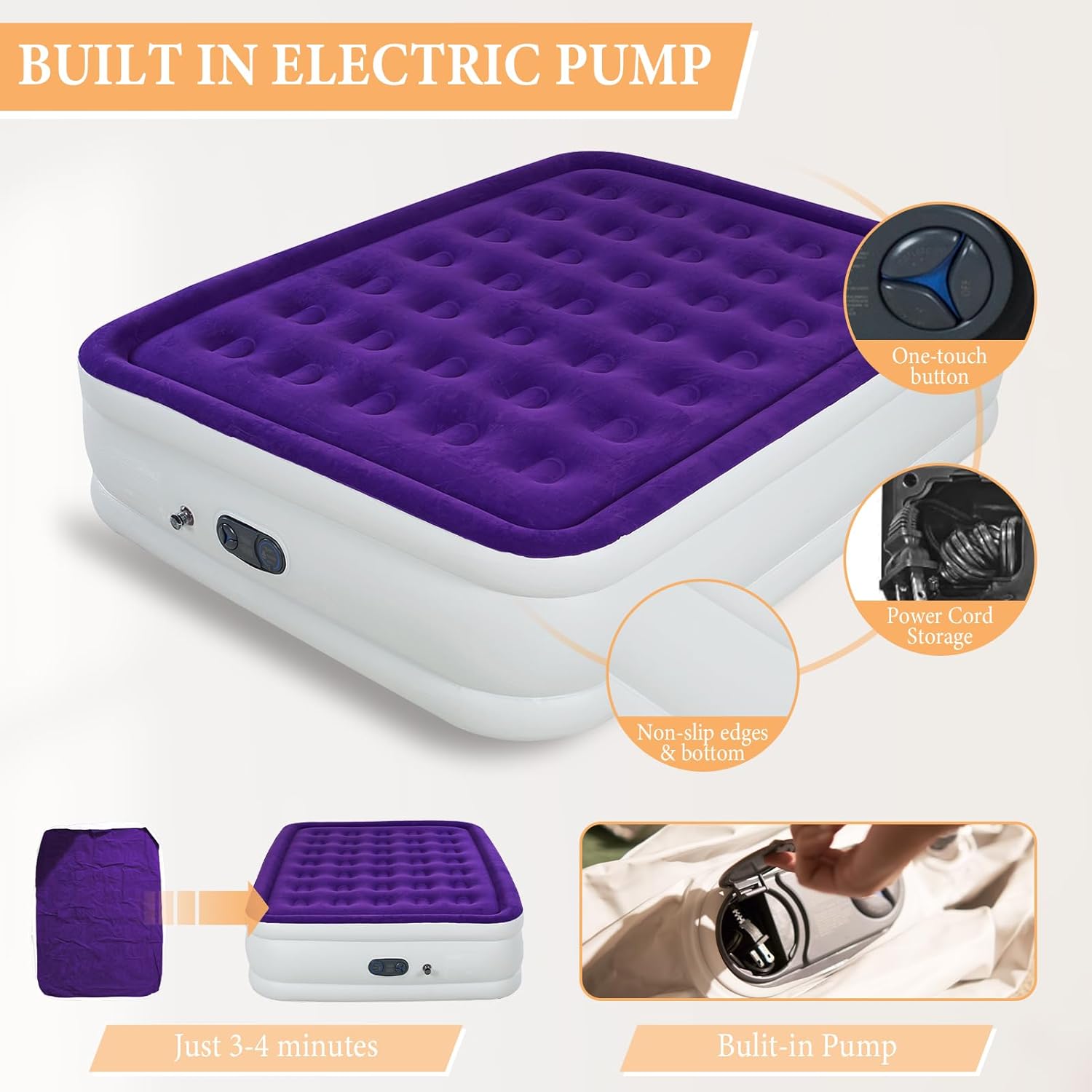 Queen Air Mattress with Built in Pump 18 Inch Velvet Top 3 Min Quick Inflation Waterproof 600 LB Capacity