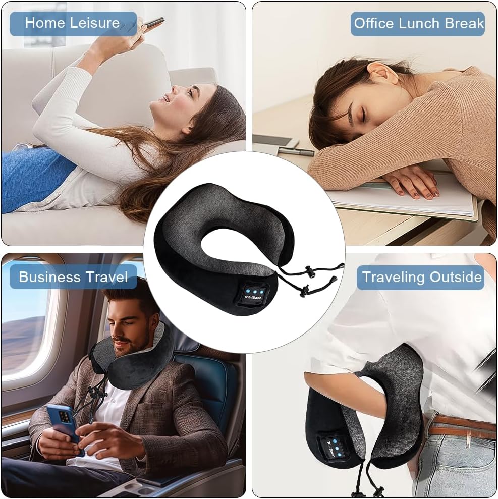Contoured Memory Foam Neck Pillow with Bluetooth Headphones for Travel Comfort