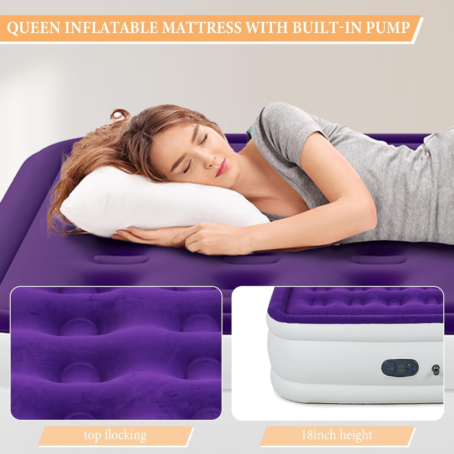 Queen Air Mattress with Built in Pump 18 Inch Velvet Top 3 Min Quick Inflation Waterproof 600 LB Capacity