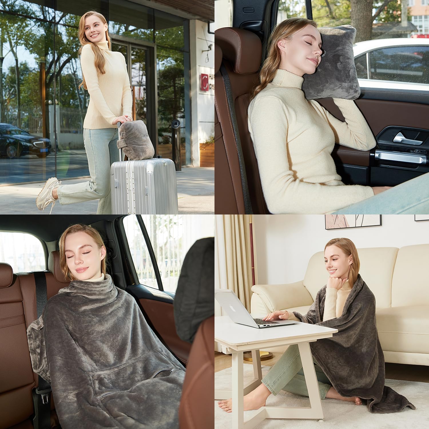 Premium 2-in-1 Travel Blanket Soft Travel Pillow for Plane Car Office Gray