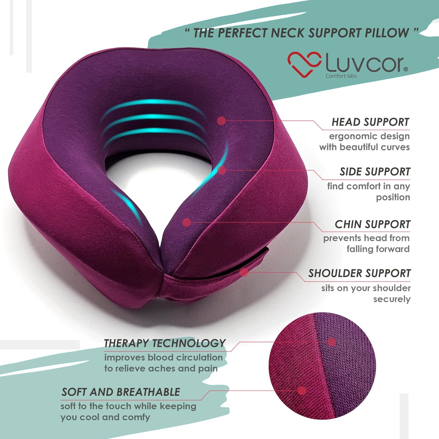Luvcor Premium Memory Foam Neck Pillow Bundle with Eye Mask and Earplugs - Royal Pink