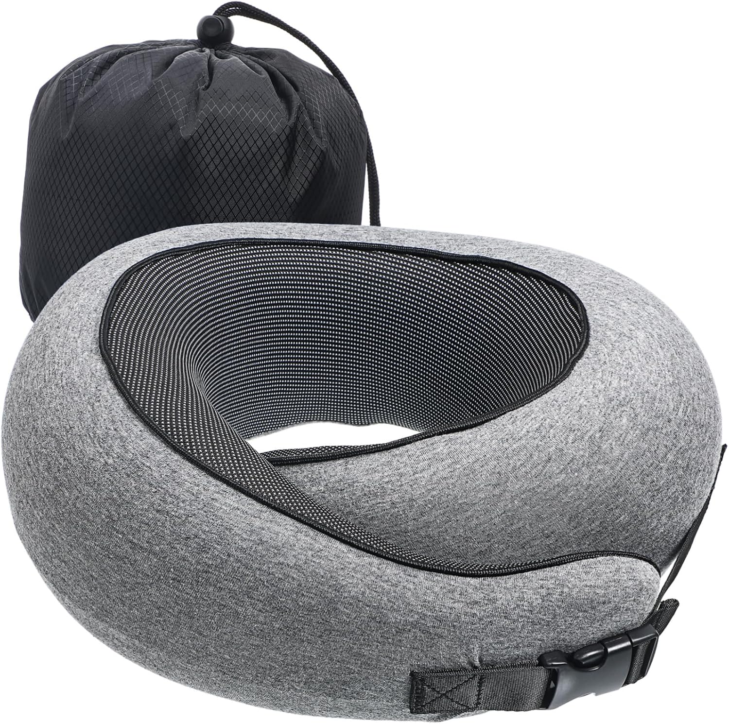 Adjustable Memory Foam Travel Pillow for Airplane Car Home Use with Gray Cover