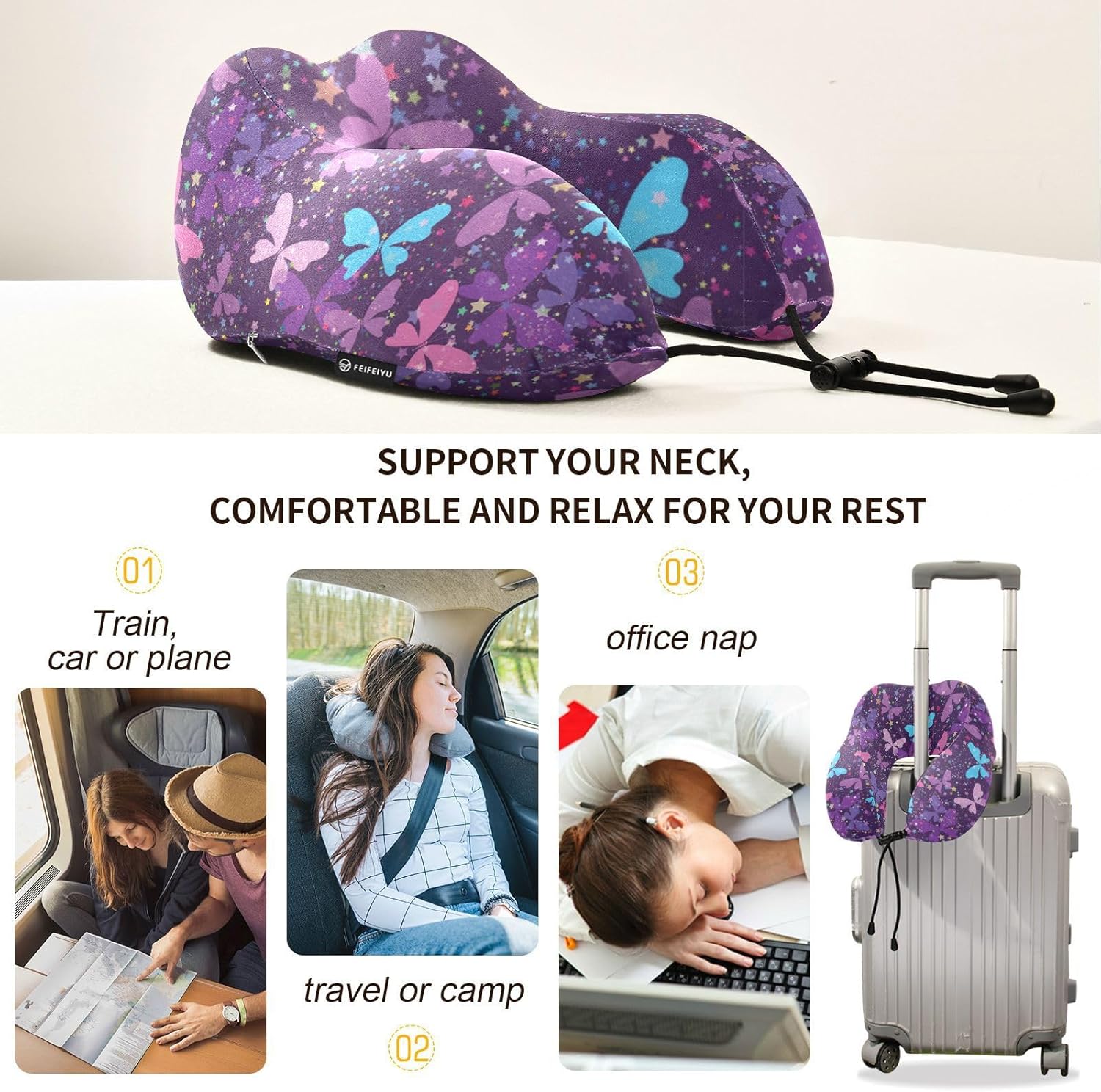 Wusikd Travel Pillow with Butterflies Memory Foam Purple Neck Pillow for Travel Sleep Office