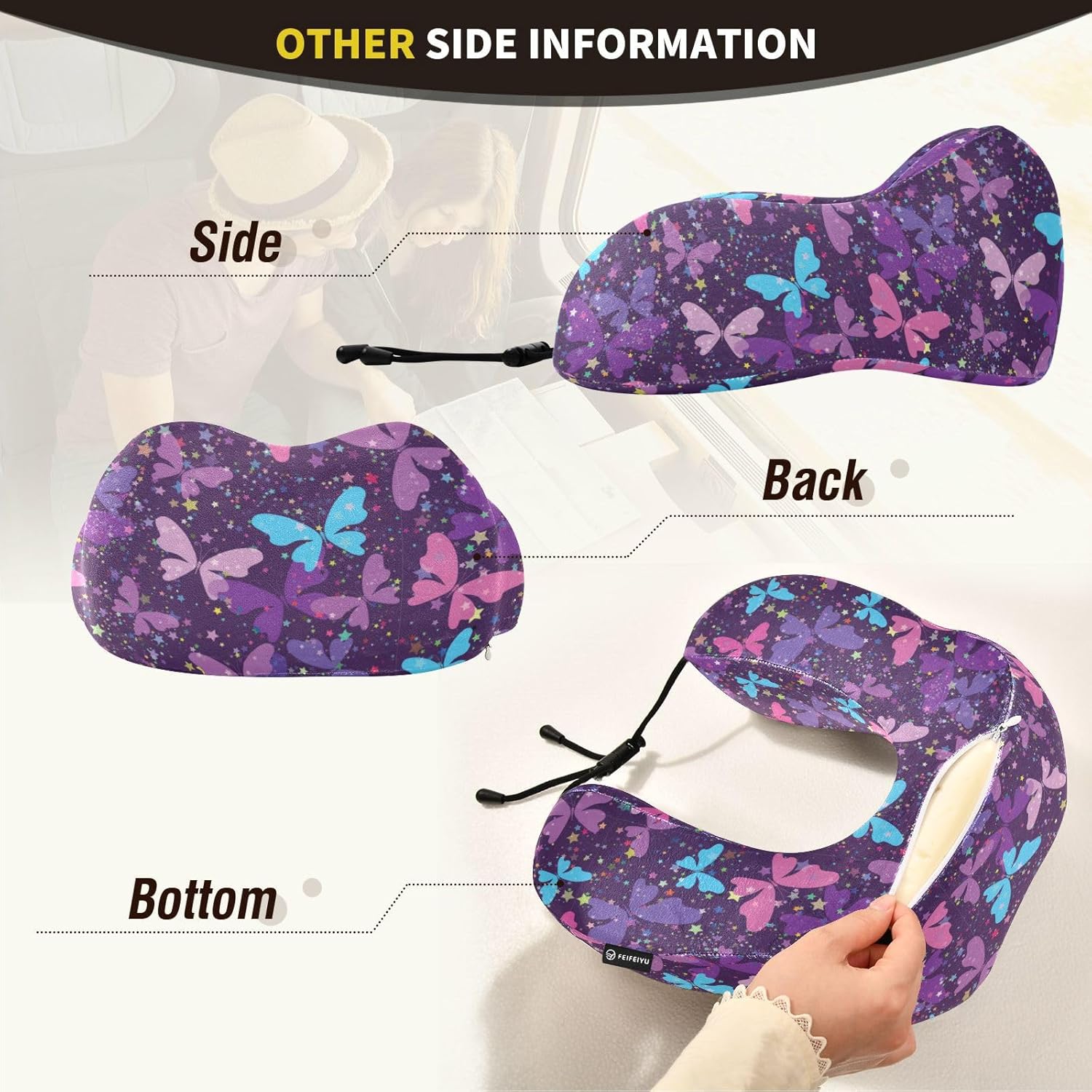 Wusikd Travel Pillow with Butterflies Memory Foam Purple Neck Pillow for Travel Sleep Office