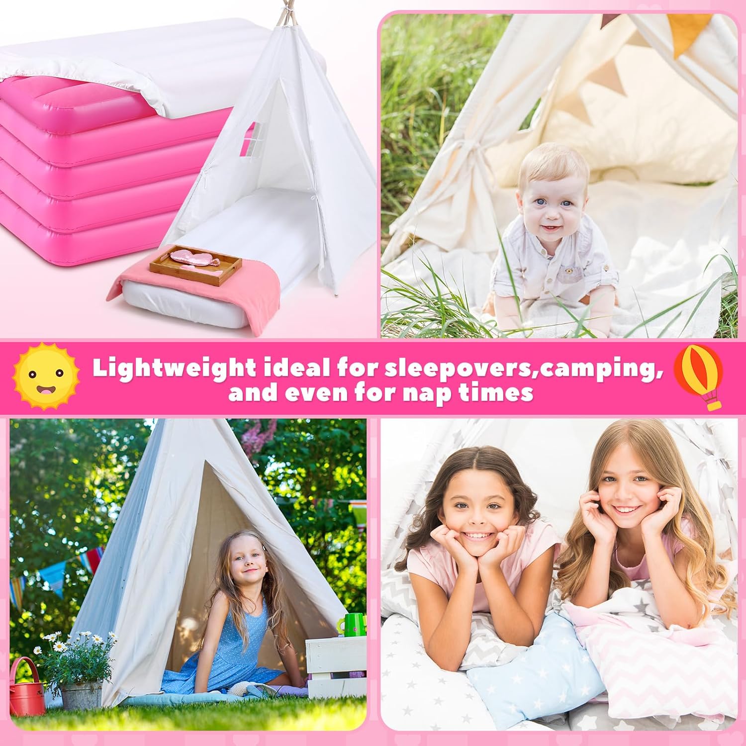Windyun Kids Air Mattress - Pink for Kids 63x27x8 inches 2 Set for Camping