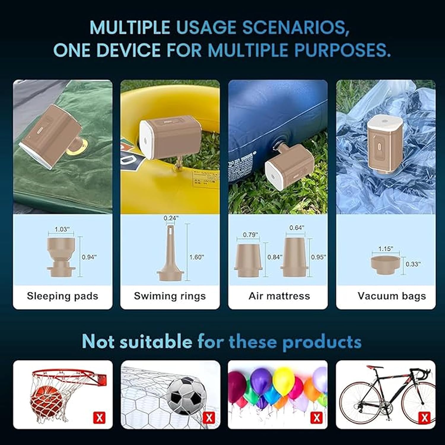 Epsilon Portable Air Pump 5 Nozzles Ultra-Fast Electric 1200mAh Air Pump with Light