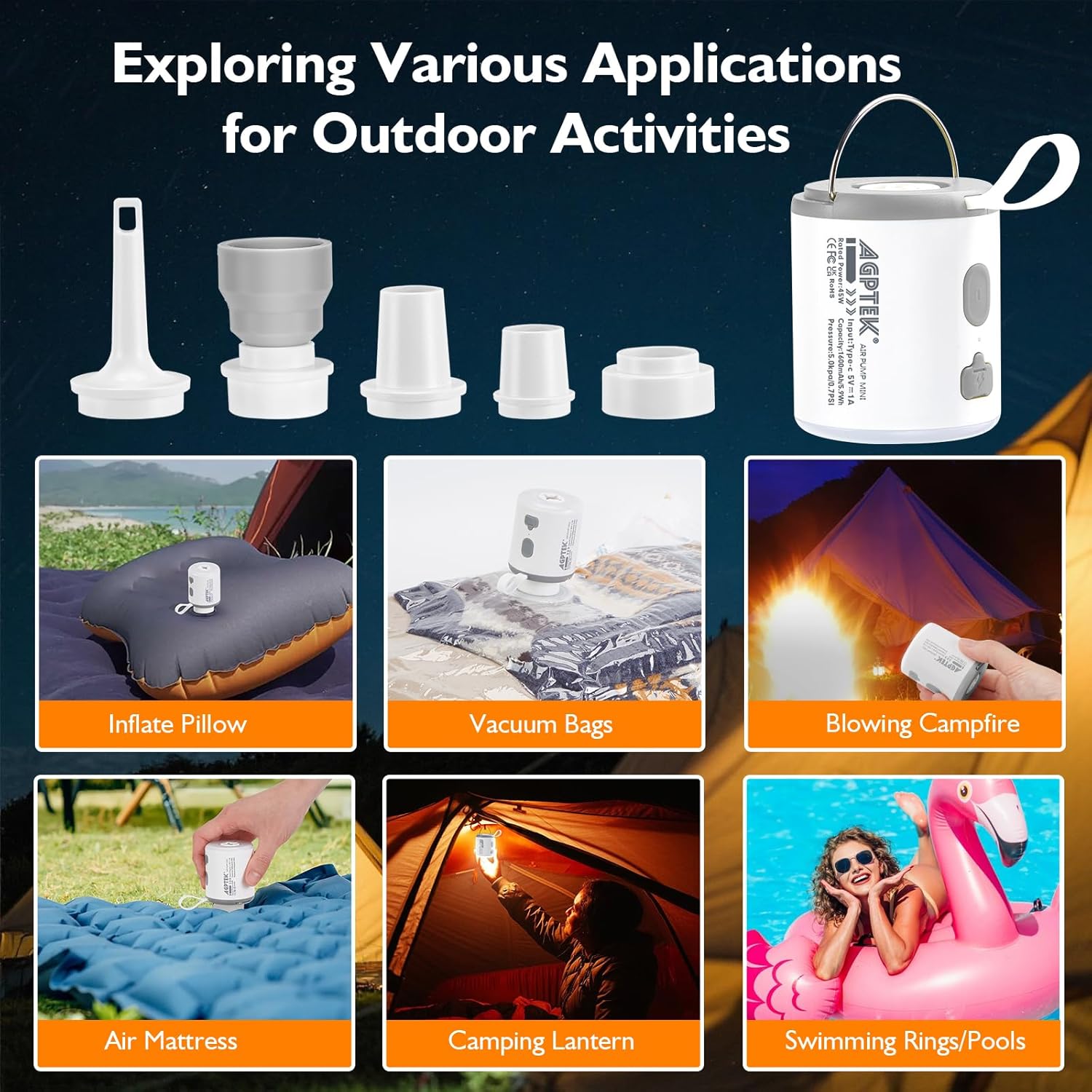 AGPTEK Mini Rechargeable Cordless Air Pump with LED Light for Camping Hiking and More