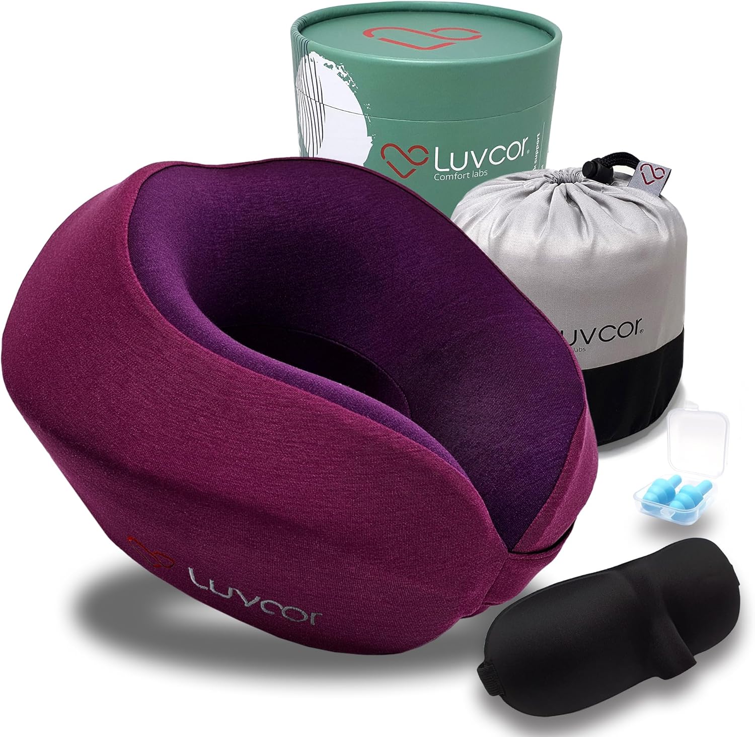 Luvcor Premium Memory Foam Neck Pillow Bundle with Eye Mask and Earplugs - Royal Pink