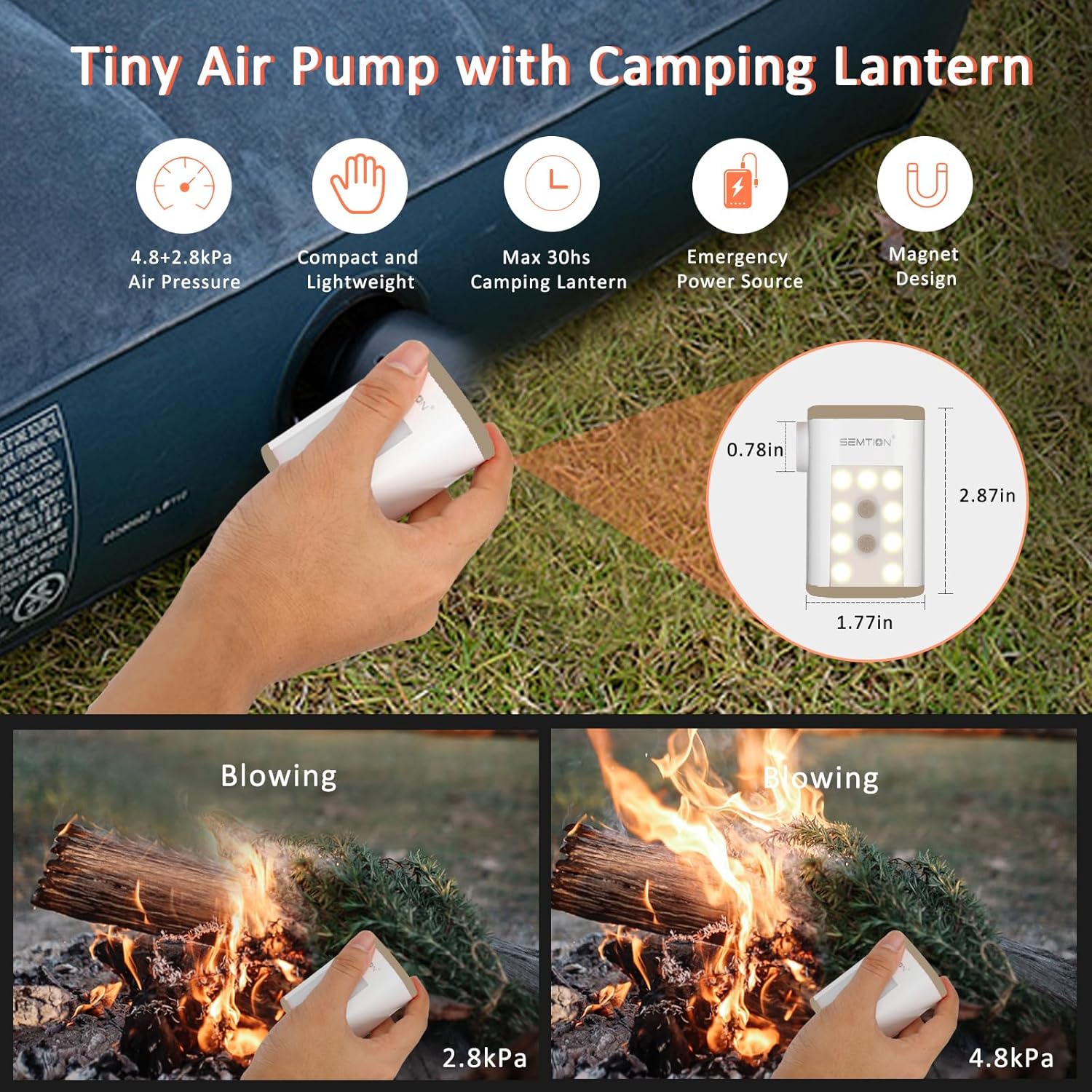 SEMTION Portable Air Pump Camping Lantern 48kPa Inflator for Air Mattresses Floating Pools