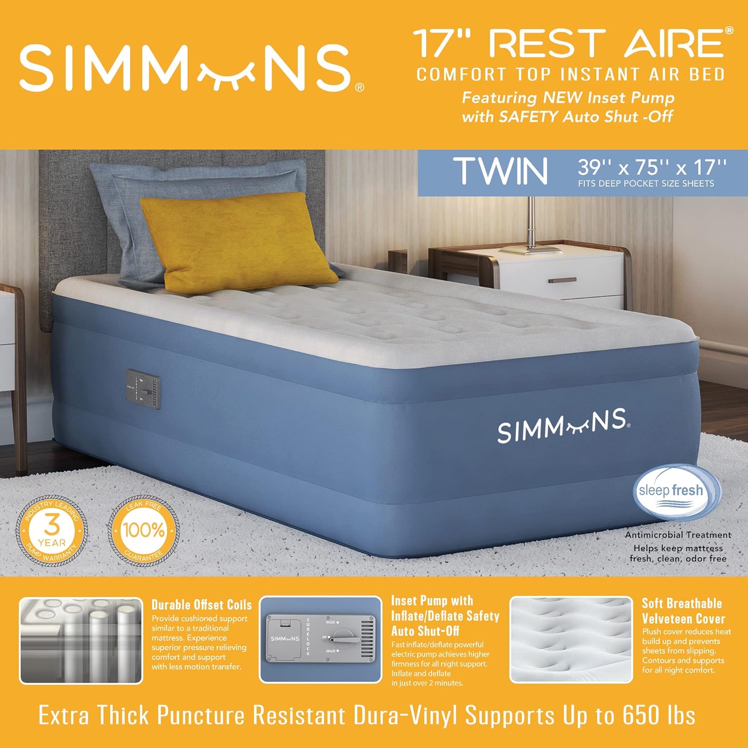 Simmons Rest Aire Mattress Twin 17 Soft Top Dura-Vinyl Air Mattress with Side Pump